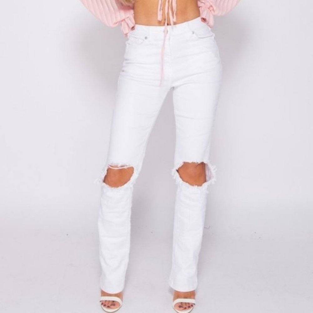 White High Waist Ripped Distressed Straight Leg Jeans Denim Pants